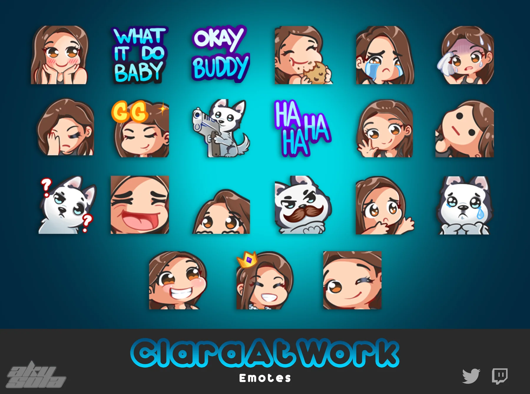 ClaraAtWork custom emote collection with expressive reactions and pet characters