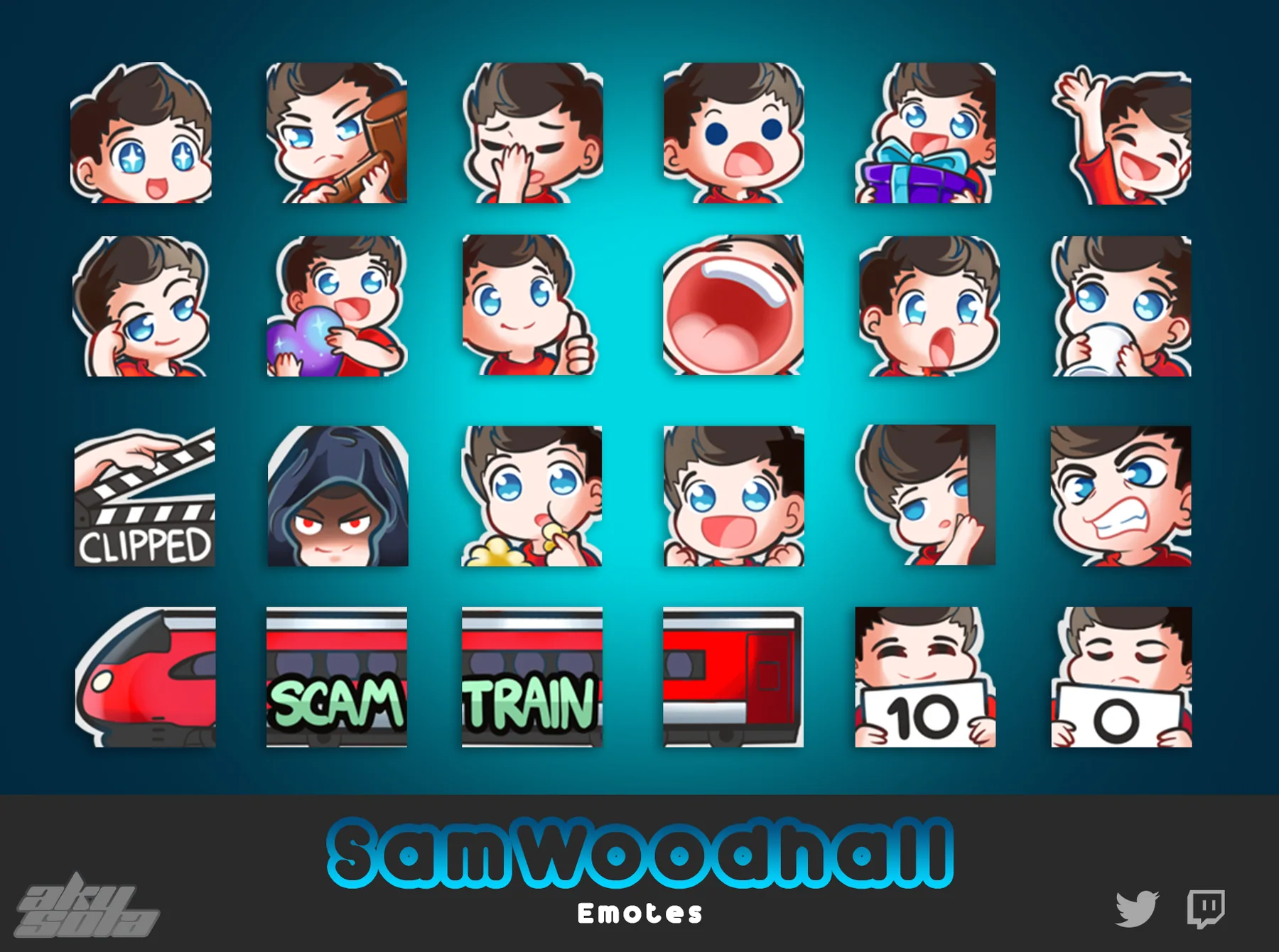 SamWoodhall custom emote collection with character reactions and channel jokes